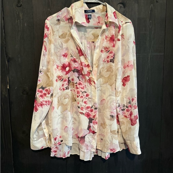 Chaps Tops - Chaps Women's Button Down Shirt - Pink and Cream Floral